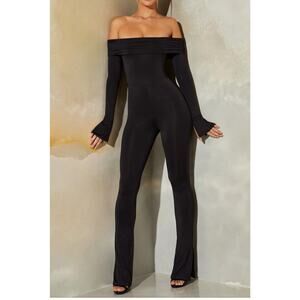Oh Polly Reeva Long Sleeve Open Back Black Jumpsuit Off Shoulder 4 NWT